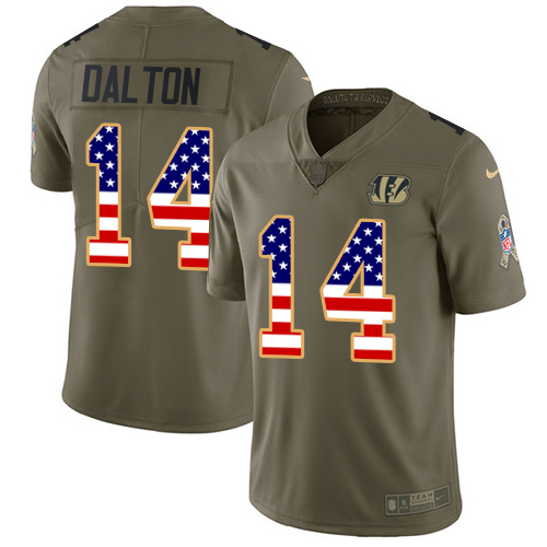 Nike Bengals #14 Andy Dalton Olive/USA Flag Men's Stitched NFL Limited Salute To Service Jersey - Click Image to Close